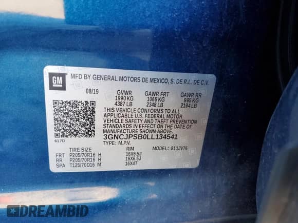 2020 Chevrolet Trax LT с VIN 3GNCJPSB0LL134541, выставлен на аукционе Copart как лот 84957885 с пробегом 88 279 миль миль и Списание • Salvage title. История ставок и продаж доступна на DreamBid. Изображение 12.