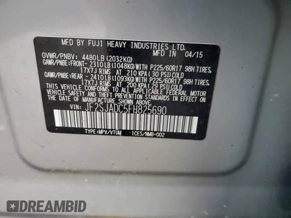 2015 Subaru Forester Premium with VIN JF2SJADC5FH825690, listed as a Copart auction lot 85371185 with 159,128 mi miles and Salvage title. Bid and sale history available at DreamBid. Image 12.