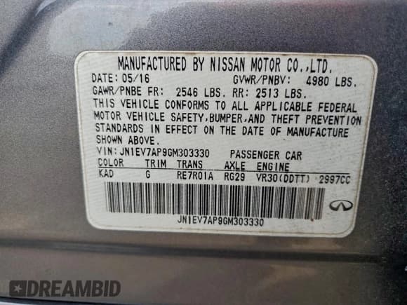 ✅ 2016 Infiniti Q50 Premium • VIN: JN1EV7AP9GM303330 • Lot: 94169705. Listed on Copart with 171,187 mi. Free auction sales archive from the USA and detailed vehicle history report at DreamBid. Image 12.