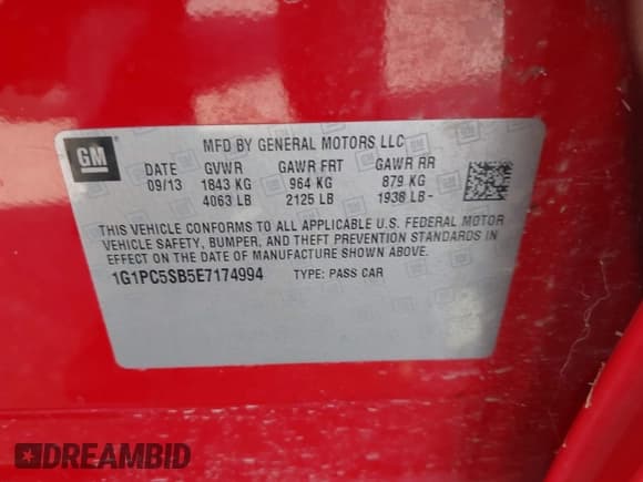 ✅ 2014 Chevrolet Cruze 1LT • VIN: 1G1PC5SB5E7174994 • Лот: 43580694. Опубликован ранее на IAAI с пробегом 189 071 миль. Бесплатный доступ к архиву аукционных продаж из США и подробный отчёт об истории автомобиля на DreamBid. Изображение 9.