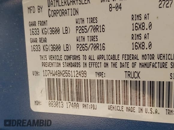 ✅ 2005 Dodge Dakota SLT • VIN: 1D7HW48N25S112499 • Lot: 42434700. Listed on IAAI with 216,817 mi. Free auction sales archive from the USA and detailed vehicle history report at DreamBid. Image 9.