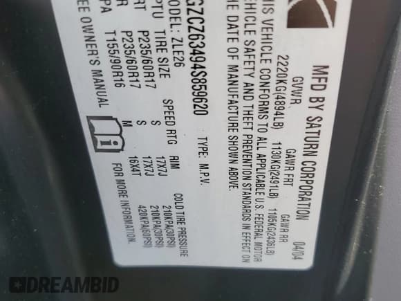✅ 2004 Saturn VUE V6 • VIN: 5GZCZ63494S859620 • Lot: 48816615. Wystawiony na Copart z przebiegiem 122 811 mil. Bezpłatny archiwum sprzedaży aukcyjnych z USA i szczegółowy raport historii pojazdu na DreamBid. Zdjęcie 13.