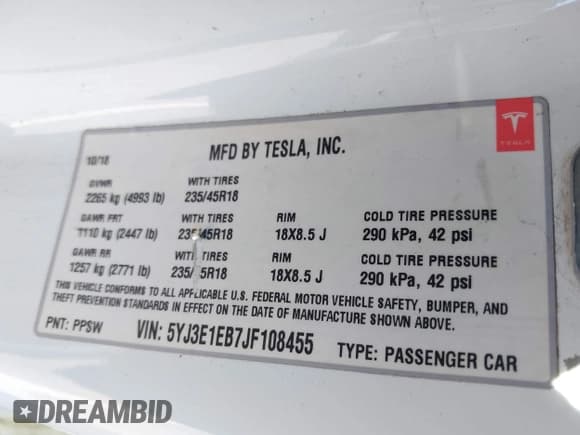 ✅ 2018 Tesla Model 3 Long Range Battery • VIN: 5YJ3E1EB7JF108455 • Lot: 42295925. Wystawiony na IAAI z przebiegiem 81 319 mil. Bezpłatny archiwum sprzedaży aukcyjnych z USA i szczegółowy raport historii pojazdu na DreamBid. Zdjęcie 9.