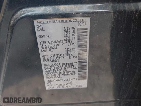 ✅ 2014 Nissan Pathfinder SV • VIN: 5N1AR2MMXEC732477 • Lot: 42826456. Listed on IAAI with 136,581 mi. Free auction sales archive from the USA and detailed vehicle history report at DreamBid. Image 9.