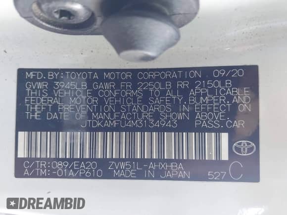 2021 Toyota Prius L Eco with VIN JTDKAMFU4M3134943, listed as a IAAI auction lot 43175713 with 106,611 mi miles and . Bid and sale history available at DreamBid. Image 9.