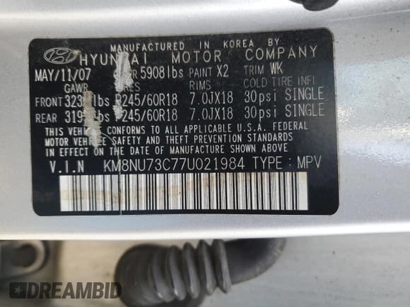 ✅ 2007 Hyundai Veracruz GLS • VIN: KM8NU73C77U021984 • Lot: 87482384. Listed on Copart with 114,312 mi. Free auction sales archive from the USA and detailed vehicle history report at DreamBid. Image 13.