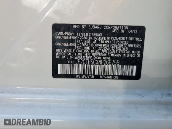 ✅ 2022 Subaru Crosstrek Special Sports • VIN: JF2GTHSCXNH266759 • Lot: 84293265. Listed on Copart with 17,900 mi. Free auction sales archive from the USA and detailed vehicle history report at DreamBid. Image 14.