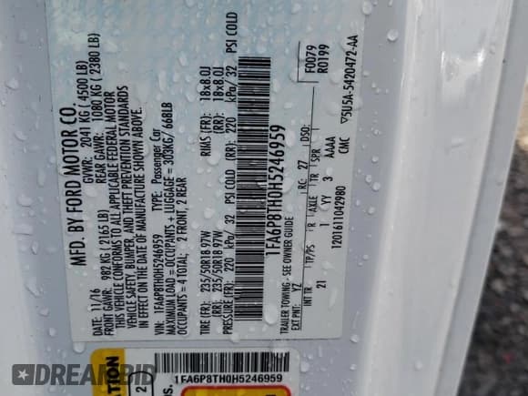 ✅ 2017 Ford Mustang EcoBoost • VIN: 1FA6P8TH0H5246959 • Lot: 57166705. Listed on Copart with 90,418 mi. Free auction sales archive from the USA and detailed vehicle history report at DreamBid. Image 12.