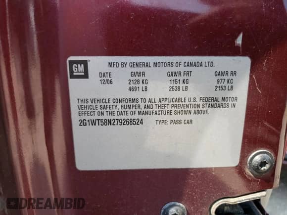 2007 Chevrolet Impala LT with VIN 2G1WT58N279268524, listed as a Copart auction lot 53558853 with Not provided miles and Salvage title. Bid and sale history available at DreamBid. Image 14.