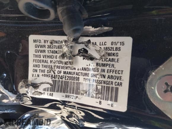 ✅ 2015 Honda Civic • VIN: 19XFB4F24FE200898 • Lot: 40381697. Listed on IAAI with Not provided. Free auction sales archive from the USA and detailed vehicle history report at DreamBid. Image 9.