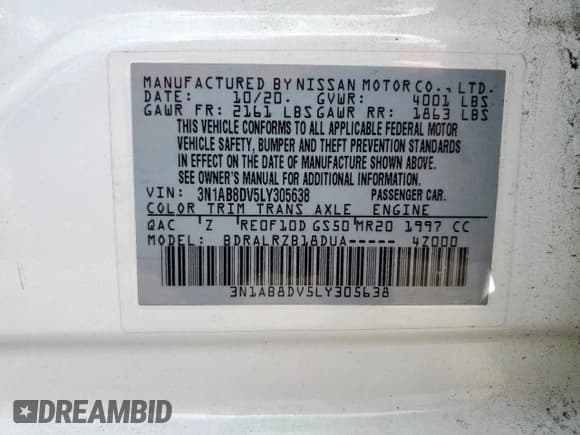 ✅ 2020 Nissan Sentra SR • VIN: 3N1AB8DV5LY305638 • Lot: 82157365. Listed on Copart with 122,291 mi. Free auction sales archive from the USA and detailed vehicle history report at DreamBid. Image 13.