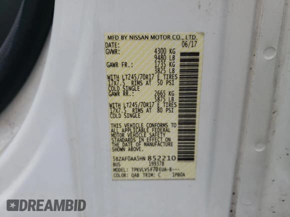 ✅ 2017 Nissan NV SL • VIN: 5BZAF0AA5HN852210 • Лот: 67521463. Опубликован ранее на Copart с пробегом 20 416 миль. Бесплатный доступ к архиву аукционных продаж из США и подробный отчёт об истории автомобиля на DreamBid. Изображение 13.