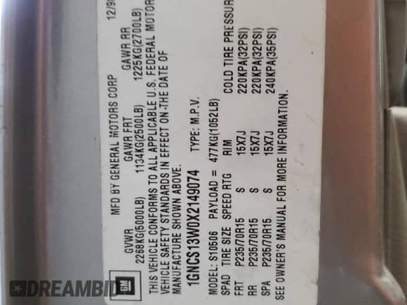 1999 Chevrolet Blazer Trailblazer with VIN 1GNCS13W0X2149074, listed as a Copart auction lot 43612655 with 194,497 mi miles and Salvage title. Bid and sale history available at DreamBid. Image 13.