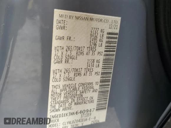 ✅ 2022 Nissan Frontier SV • VIN: 1N6ED1EK3NN640947 • Lot: 54543805. Listed on Copart with Not provided. Free auction sales archive from the USA and detailed vehicle history report at DreamBid. Image 12.