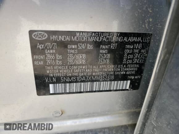 2021 Hyundai Santa Fe SE z VIN 5NMS1DAJXMH352318, wystawiony jako Copart lot #73399372 z przebiegiem 42 783 mil mil oraz . Historia ofert i sprzedaży dostępna na DreamBid. Obrazek 12.