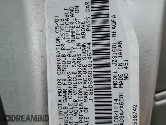 ✅ 2001 Lexus GS 300 • VIN: JT8BD69S810146344 • Лот: 89912095. Опубликован ранее на Copart с пробегом 54 947 миль. Бесплатный доступ к архиву аукционных продаж из США и подробный отчёт об истории автомобиля на DreamBid. Изображение 13.