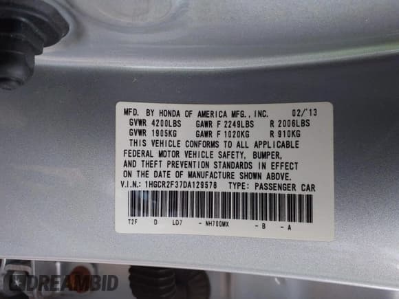 ✅ 2013 Honda Accord LX • VIN: 1HGCR2F37DA129578 • Lot: 43542613. Wystawiony na IAAI z przebiegiem 137 478 mil. Bezpłatny archiwum sprzedaży aukcyjnych z USA i szczegółowy raport historii pojazdu na DreamBid. Zdjęcie 9.