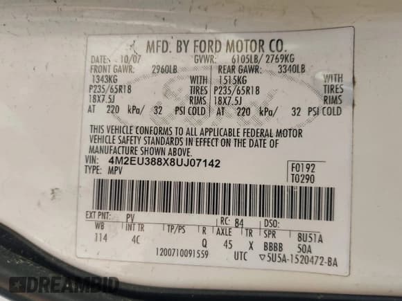 ✅ 2008 Mercury Mountaineer Premier • VIN: 4M2EU388X8UJ07142 • Лот: 42216585. Опубликован ранее на IAAI с пробегом 329 077 миль. Бесплатный доступ к архиву аукционных продаж из США и подробный отчёт об истории автомобиля на DreamBid. Изображение 9.