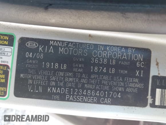 ✅ 2008 Kia Rio LX • VIN: KNADE123486401704 • Lot: 43241163. Wystawiony na IAAI z przebiegiem 118 974 mil. Bezpłatny archiwum sprzedaży aukcyjnych z USA i szczegółowy raport historii pojazdu na DreamBid. Zdjęcie 9.