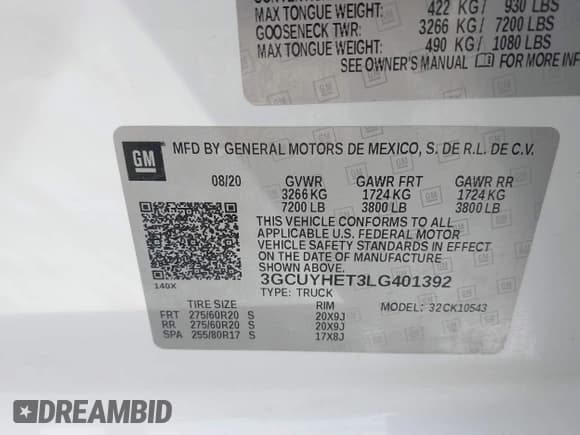 ✅ 2020 Chevrolet Silverado 1500 High Country • VIN: 3GCUYHET3LG401392 • Lot: 43325251. Listed on IAAI with 56,094 mi. Free auction sales archive from the USA and detailed vehicle history report at DreamBid. Image 9.