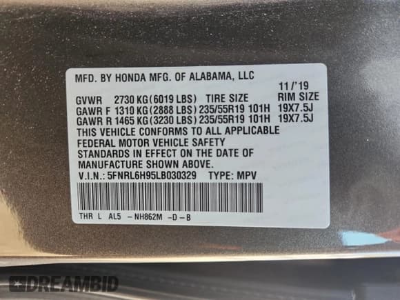 ✅ 2020 Honda Odyssey Elite • VIN: 5FNRL6H95LB030329 • Lot: 85602075. Listed on Copart with 62,228 mi. Free auction sales archive from the USA and detailed vehicle history report at DreamBid. Image 13.