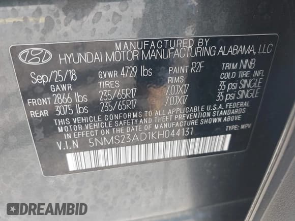 ✅ 2019 Hyundai Santa Fe SE • VIN: 5NMS23AD1KH044131 • Lot: 43237640. Wystawiony na IAAI z przebiegiem 105 619 mil. Bezpłatny archiwum sprzedaży aukcyjnych z USA i szczegółowy raport historii pojazdu na DreamBid. Zdjęcie 9.