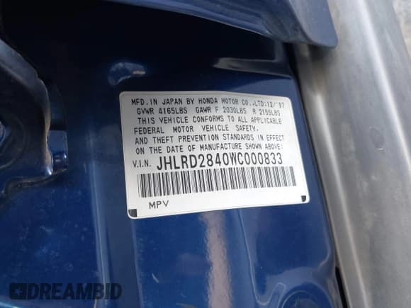 ✅ 1998 Honda CR-V LX • VIN: JHLRD2840WC000833 • Lot: 43688003. Listed on IAAI with 126,656 mi. Free auction sales archive from the USA and detailed vehicle history report at DreamBid. Image 9.