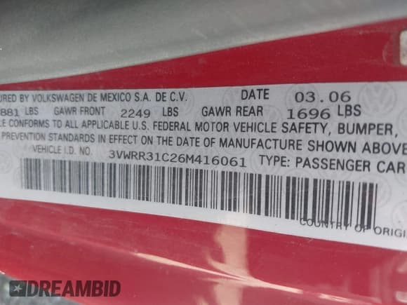 ✅ 2006 Volkswagen Beetle • VIN: 3VWRR31C26M416061 • Lot: 42137265. Listed on IAAI with 156,182 mi. Free auction sales archive from the USA and detailed vehicle history report at DreamBid. Image 9.