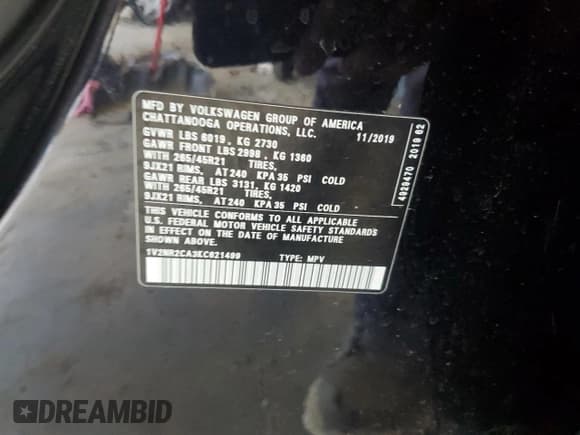 ✅ 2019 Volkswagen Atlas SEL Premium • VIN: 1V2NR2CA3KC621499 • Lot: 53777925. Listed on Copart with 108,604 mi. Free auction sales archive from the USA and detailed vehicle history report at DreamBid. Image 13.