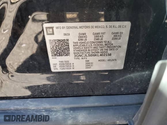 2019 Chevrolet Trax LT with VIN 3GNCJLSB6KL402158, listed as a Copart auction lot 84395065 with Not provided miles and Clean title. Bid and sale history available at DreamBid. Image 14.