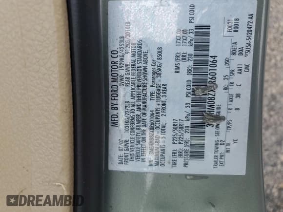 ✅ 2008 Mercury Milan Premier • VIN: 3MEHM08ZX8R601064 • Lot: 88771295. Wystawiony na Copart z przebiegiem 247 671 mil. Bezpłatny archiwum sprzedaży aukcyjnych z USA i szczegółowy raport historii pojazdu na DreamBid. Zdjęcie 14.