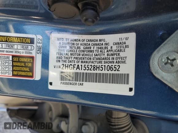 ✅ 2008 Honda Civic LX • VIN: 2HGFA15528H510652 • Лот: 69694515. Опубликован ранее на Copart с пробегом 329 231 миль. Бесплатный доступ к архиву аукционных продаж из США и подробный отчёт об истории автомобиля на DreamBid. Изображение 12.