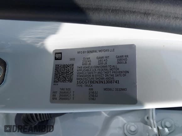 ✅ 2022 Chevrolet Colorado 4WD Work Truck • VIN: 1GCGTBEN3N1308741 • Lot: 43003988. Listed on IAAI with 40,384 mi. Free auction sales archive from the USA and detailed vehicle history report at DreamBid. Image 9.