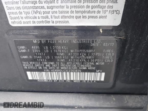 ✅ 2012 Subaru Outback Limited • VIN: 4S4BRDLC3C2263826 • Lot: 42408483. Listed on IAAI with 201,000 mi. Free auction sales archive from the USA and detailed vehicle history report at DreamBid. Image 9.