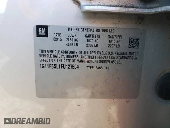 2015 Chevrolet Malibu LTZ с VIN 1G11F5SL1FU127504, выставлен на аукционе Copart как лот 69595005 с пробегом 85 589 миль миль и Списание • Salvage title. История ставок и продаж доступна на DreamBid. Изображение 12.