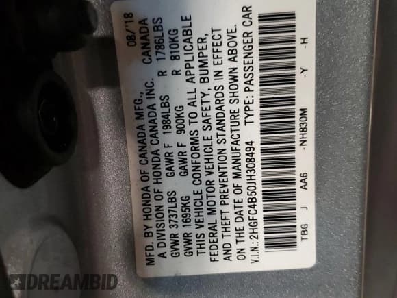 ✅ 2018 Honda Civic LX • VIN: 2HGFC4B50JH308494 • Lot: 83949695. Wystawiony na Copart z przebiegiem Nie podano. Bezpłatny archiwum sprzedaży aukcyjnych z USA i szczegółowy raport historii pojazdu na DreamBid. Zdjęcie 13.