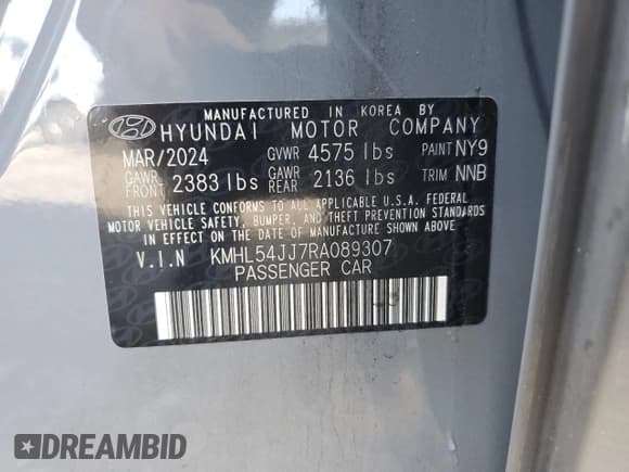 ✅ 2024 Hyundai Sonata Limited • VIN: KMHL54JJ7RA089307 • Lot: 82147815. Listed on Copart with 18,020 mi. Free auction sales archive from the USA and detailed vehicle history report at DreamBid. Image 12.
