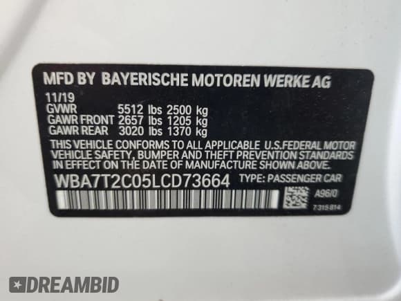 ✅ 2020 BMW 7 Series 740i • VIN: WBA7T2C05LCD73664 • Lot: 59258705. Listed on Copart with 45,941 mi. Free auction sales archive from the USA and detailed vehicle history report at DreamBid. Image 13.