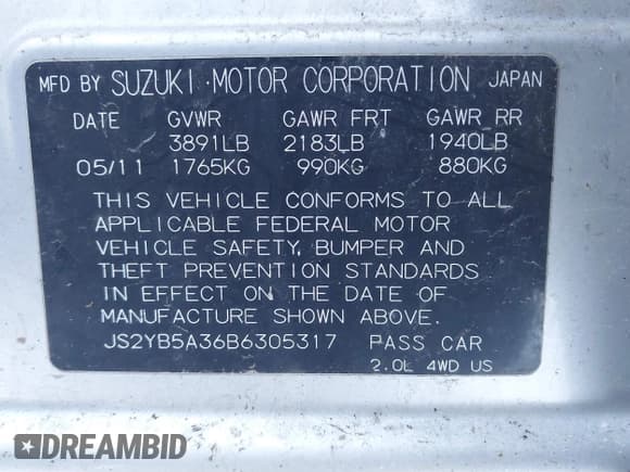 ✅ 2011 Suzuki SX4 Crossover • VIN: JS2YB5A36B6305317 • Lot: 41333007. Wystawiony na IAAI z przebiegiem 84 967 mil. Bezpłatny archiwum sprzedaży aukcyjnych z USA i szczegółowy raport historii pojazdu na DreamBid. Zdjęcie 9.