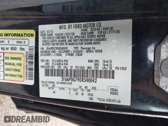 ✅ 2013 Ford Fusion S • VIN: 3FA6P0G79DR340042 • Лот: 43626427. Опубликован ранее на IAAI с пробегом 170 994 миль. Бесплатный доступ к архиву аукционных продаж из США и подробный отчёт об истории автомобиля на DreamBid. Изображение 9.