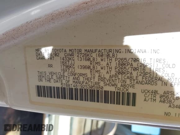 ✅ 2002 Toyota Tundra Limited • VIN: 5TBBT48192S305980 • Lot: 42063575. Listed on IAAI with 335,629 mi. Free auction sales archive from the USA and detailed vehicle history report at DreamBid. Image 9.