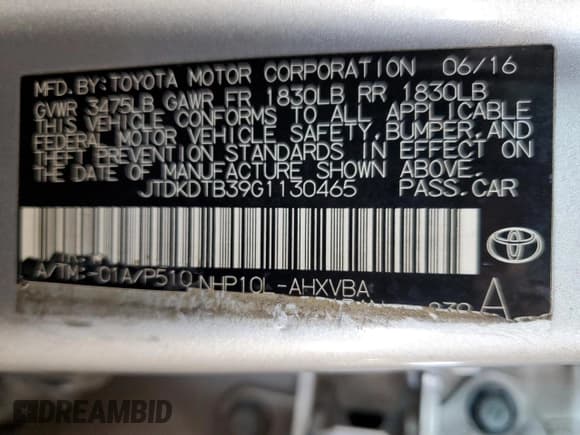 ✅ 2016 Toyota Prius One • VIN: JTDKDTB39G1130465 • Lot: 70963555. Listed on Copart with 136,608 mi. Free auction sales archive from the USA and detailed vehicle history report at DreamBid. Image 12.