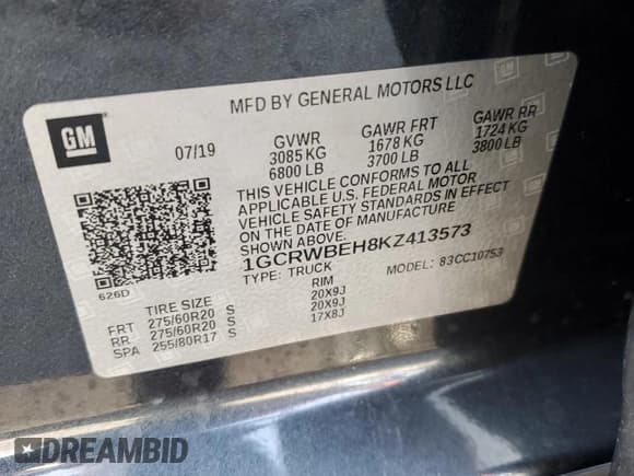 ✅ 2019 Chevrolet Silverado 1500 Custom • VIN: 1GCRWBEH8KZ413573 • Lot: 57072504. Wystawiony na Copart z przebiegiem 53 484 mil. Bezpłatny archiwum sprzedaży aukcyjnych z USA i szczegółowy raport historii pojazdu na DreamBid. Zdjęcie 12.