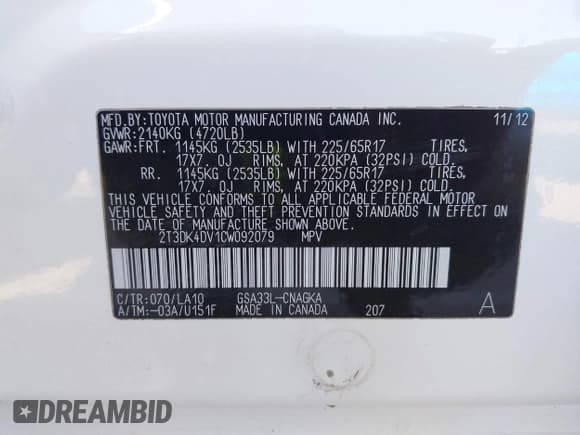 ✅ 2012 Toyota RAV4 Limited • VIN: 2T3DK4DV1CW092079 • Lot: 43193176. Listed on IAAI with 170,815 mi. Free auction sales archive from the USA and detailed vehicle history report at DreamBid. Image 9.