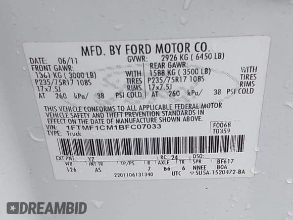 ✅ 2011 Ford F-150 XL • VIN: 1FTMF1CM1BFC07033 • Lot: 42368375. Listed on IAAI with 176,861 mi. Free auction sales archive from the USA and detailed vehicle history report at DreamBid. Image 9.