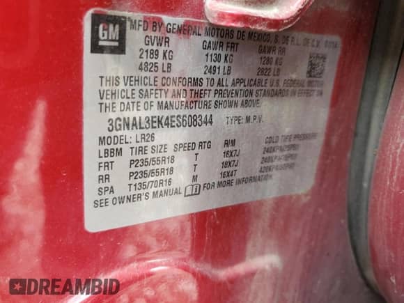 2014 Chevrolet Captiva Sport LT z VIN 3GNAL3EK4ES608344, wystawiony jako Copart lot #84215024 z przebiegiem 146 211 mil mil oraz Szkoda całkowita • Salvage title. Historia ofert i sprzedaży dostępna na DreamBid. Obrazek 16.