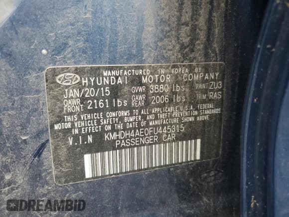 ✅ 2015 Hyundai Elantra Limited • VIN: KMHDH4AE0FU445315 • Lot: 65067255. Listed on Copart with 289,765 mi. Free auction sales archive from the USA and detailed vehicle history report at DreamBid. Image 12.