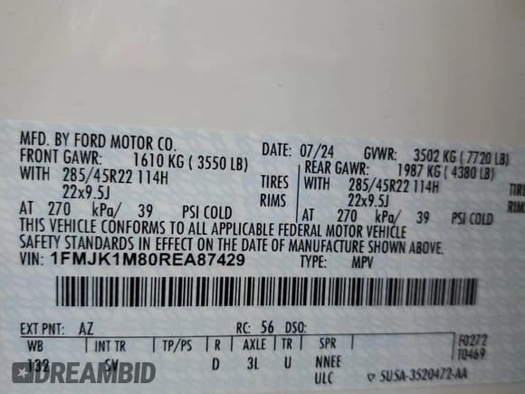 ✅ 2024 Ford Expedition Max Platinum • VIN: 1FMJK1M80REA87429 • Lot: 64621875. Listed on Copart with 9,554 mi. Free auction sales archive from the USA and detailed vehicle history report at DreamBid. Image 14.