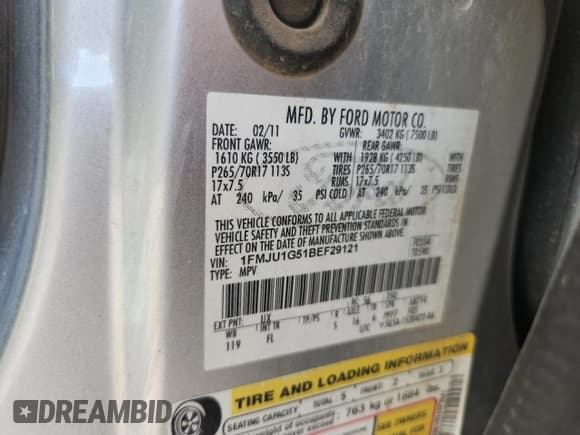 ✅ 2011 Ford Expedition XL • VIN: 1FMJU1G51BEF29121 • Лот: 60491715. Опубликован ранее на Copart с пробегом 201 262 миль. Бесплатный доступ к архиву аукционных продаж из США и подробный отчёт об истории автомобиля на DreamBid. Изображение 13.