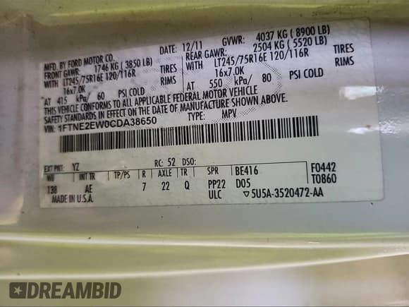 ✅ 2012 Ford Econoline Cargo Recreational • VIN: 1FTNE2EW0CDA38650 • Lot: 57364095. Wystawiony na Copart z przebiegiem 66 343 mil. Bezpłatny archiwum sprzedaży aukcyjnych z USA i szczegółowy raport historii pojazdu na DreamBid. Zdjęcie 10.